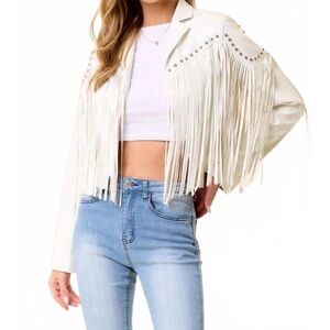 Saints & Hearts Off White Studded Fringe Faux Leather Jacket NWT L